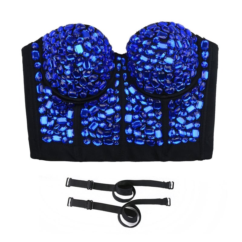 ELLACCI Women's Sexy Rhinestone Punk Bustier Crop Top Push Up Corset Bra Blue Medium - Image 3